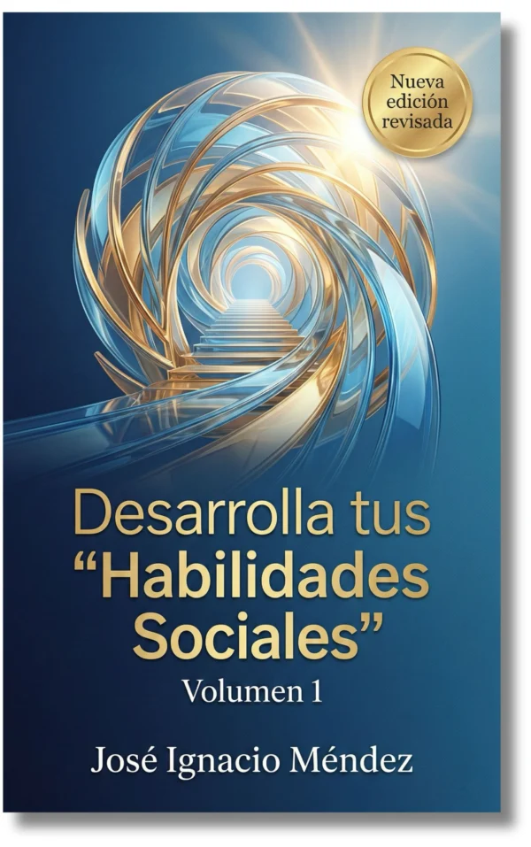 Portada del libro "Desarrolla tus Habilidades Sociales" con espirales y texto dorado.