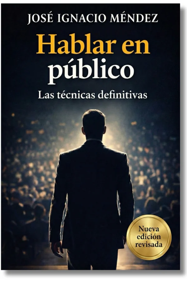 Portada del libro 'Hablar en público' con un hombre de espaldas ante una audiencia.