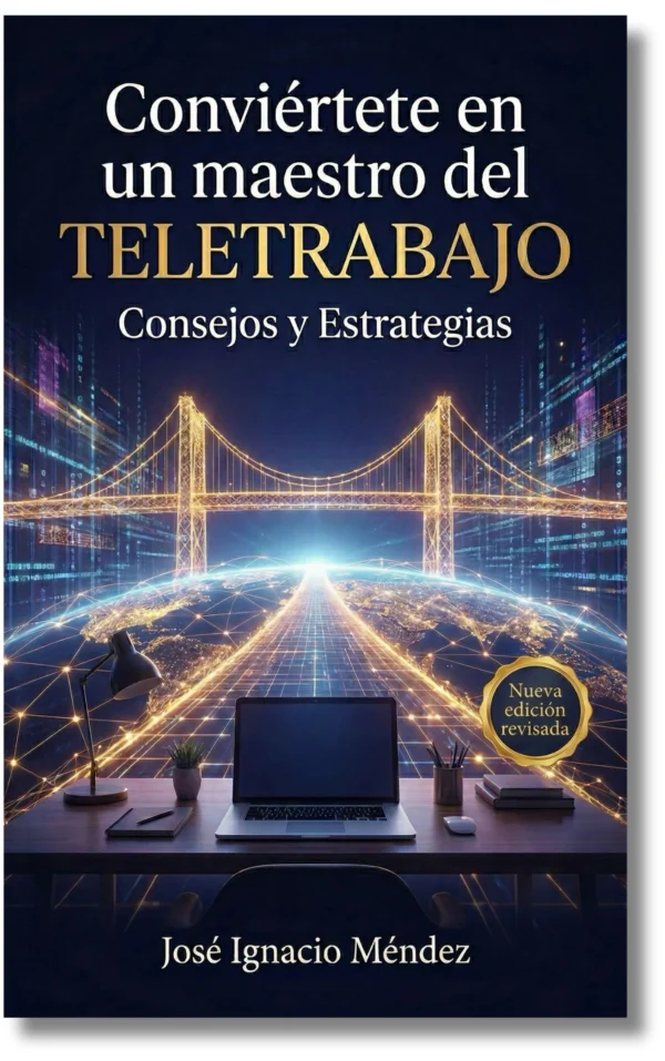Portada del libro sobre teletrabajo con gráficos digitales.