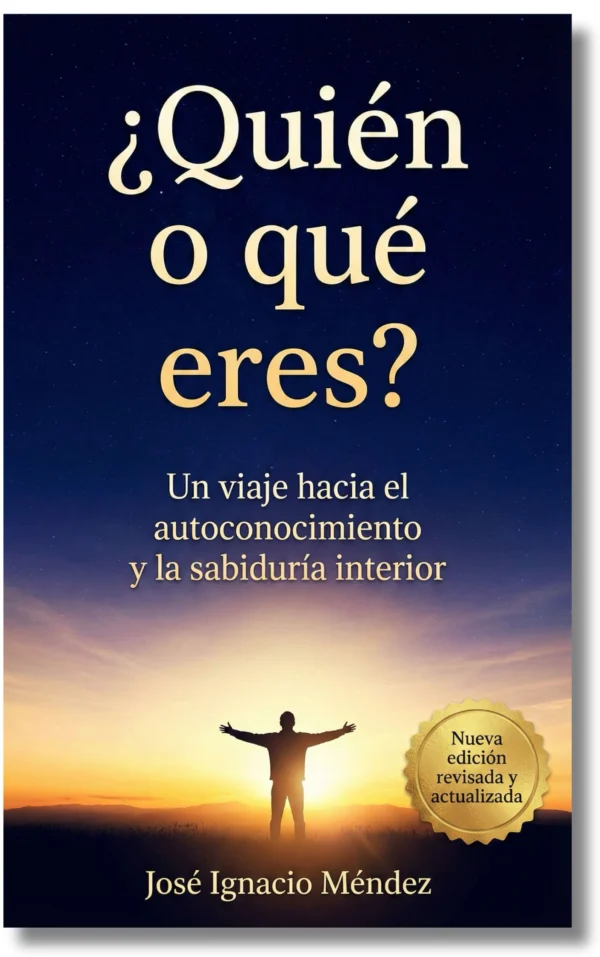 Portada del libro "¿Quién o qué eres?" con ilustración de una figura humana en un paisaje al atardecer.