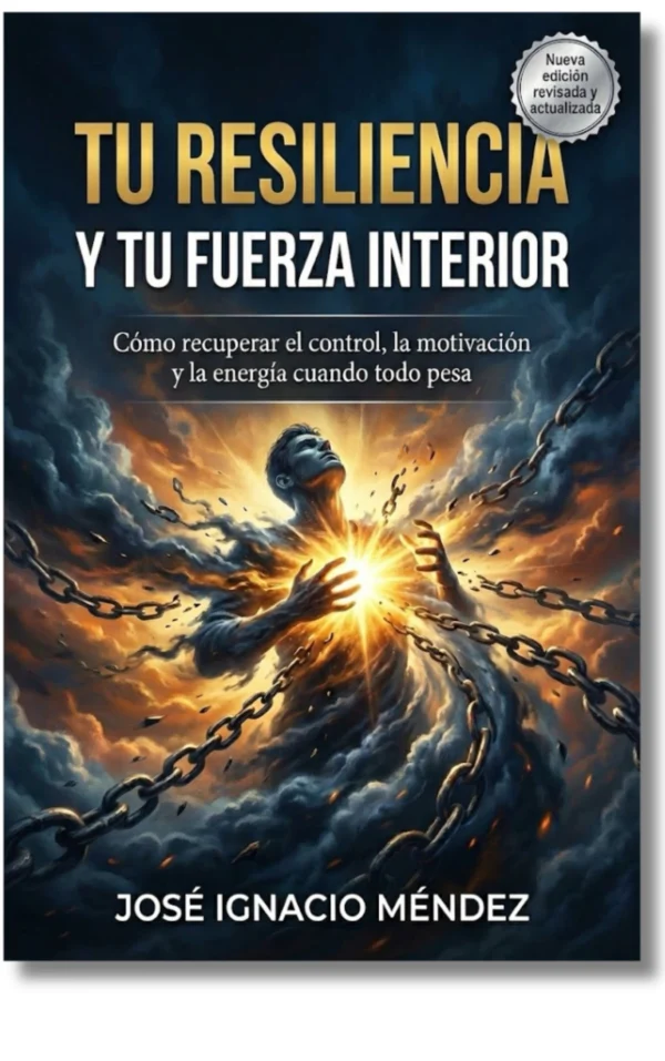 Portada de un libro con una figura humana envuelta en nubes y cadenas que emite luz