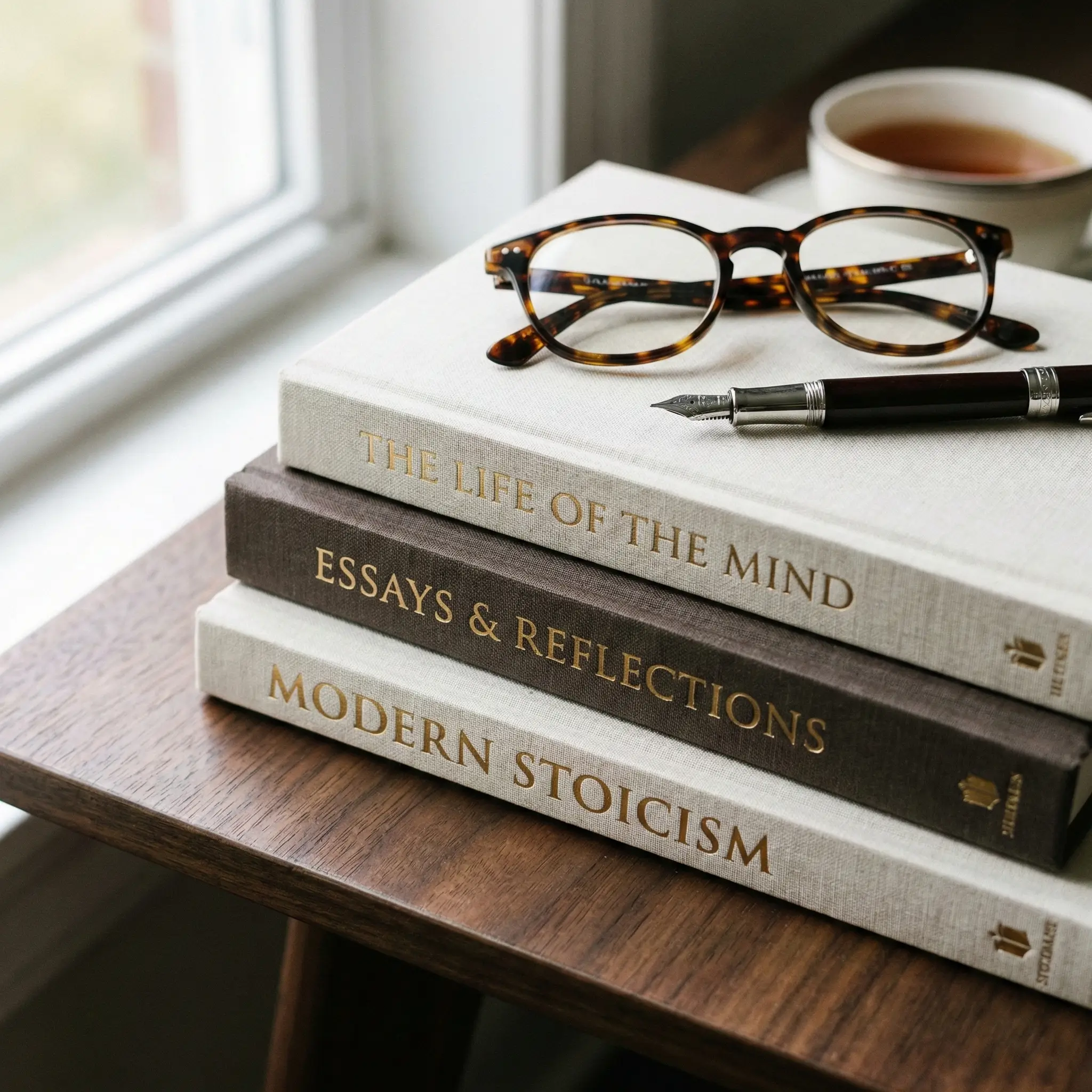 Tres libros apilados con gafas y una pluma sobre una mesa.