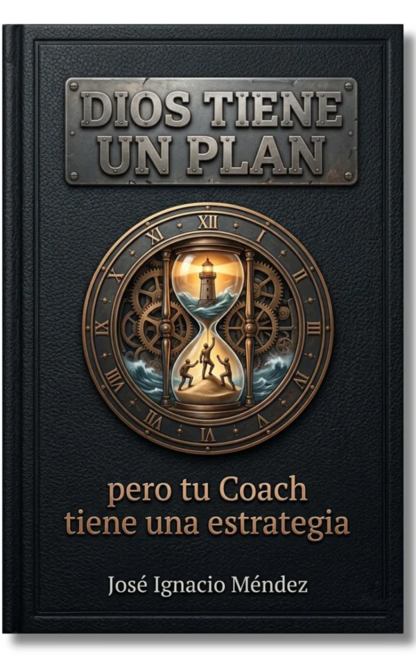 Portada del libro 'Dios Tiene Un Plan' con un diseño de hora de arena y engranajes.