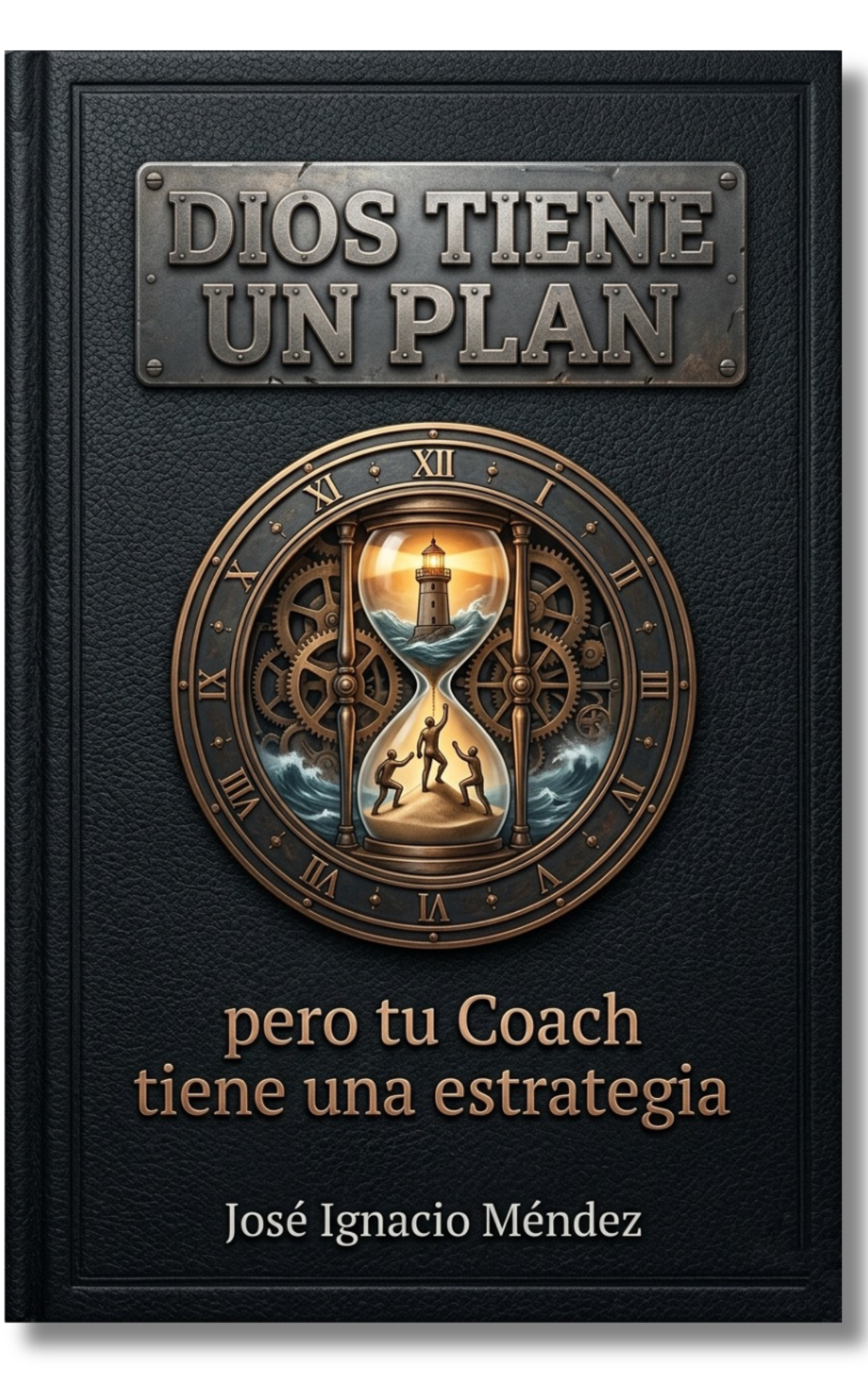 Portada del libro 'Dios Tiene Un Plan' con un diseño de hora de arena y engranajes.
