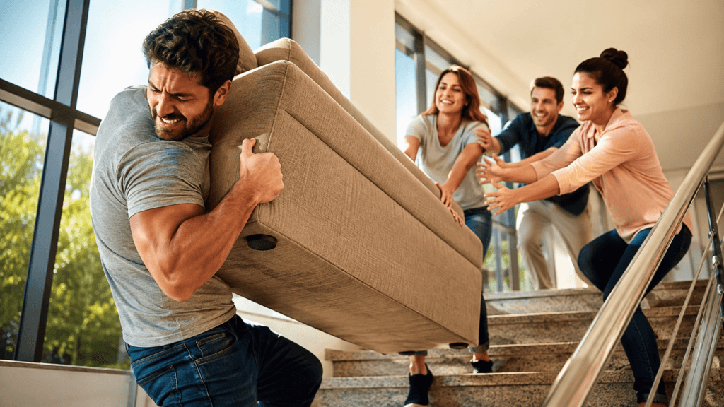 Grupo de cuatro personas moviendo un sofá por las escaleras.