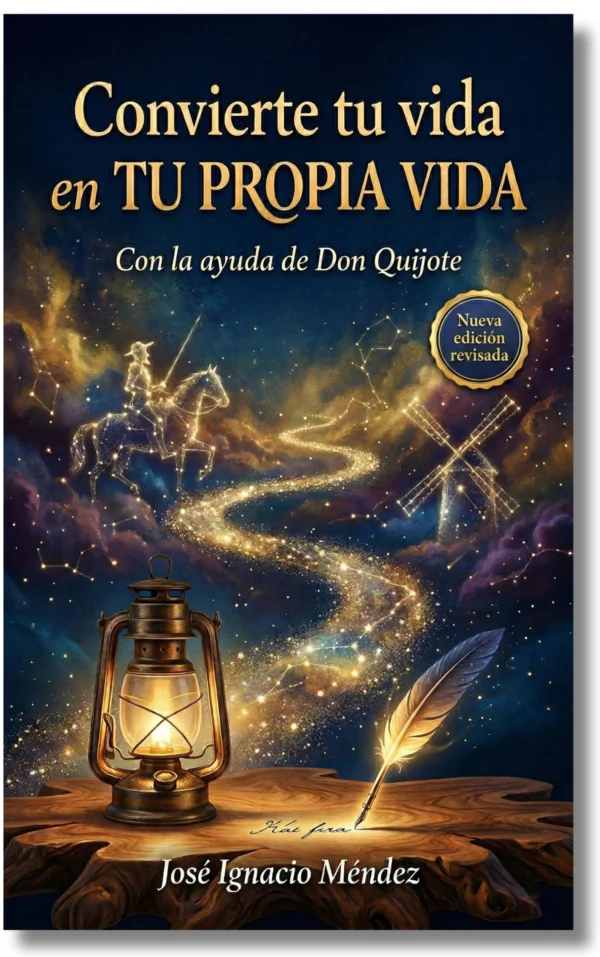 Portada de un libro con un caballero en un caballo, fondo estrellado, lámpara antigua y pluma.