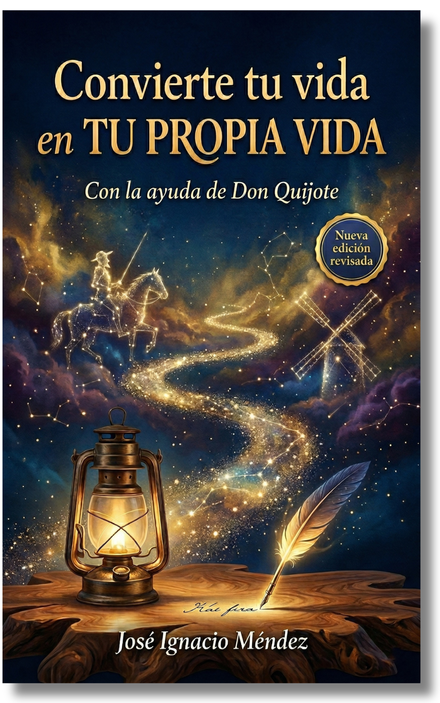 Portada de un libro con un caballero en un caballo, fondo estrellado, lámpara antigua y pluma.