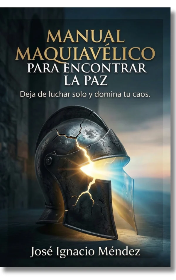 Portada de libro con casco de guerrero roto que emite luz