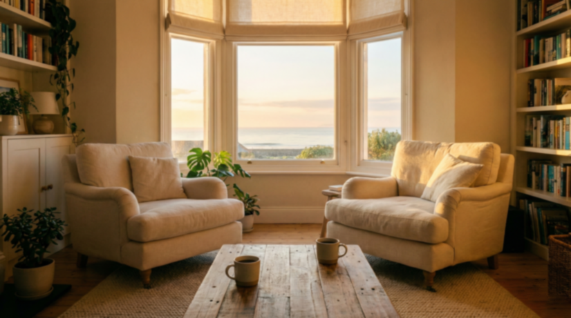 Sala con sillones blancos y vista al mar.
