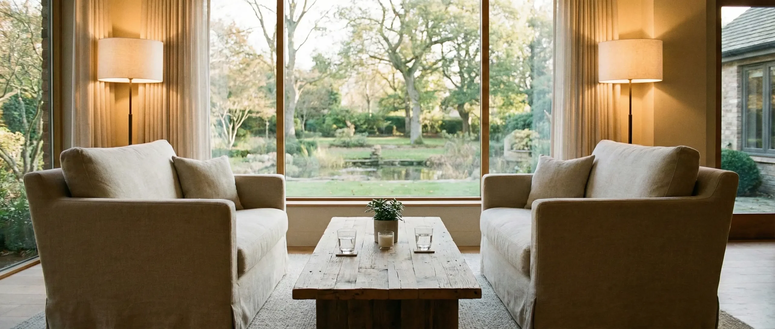 Sala con sillones beige y mesa de madera, vista al jardín.