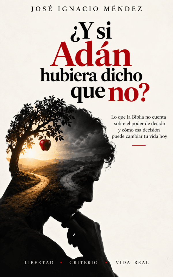 Portada de libro con silueta de hombre y paisaje interior, llamado ¿Y si adán hubiera dicho que no? de José Ignacio Méndez, coach y formador