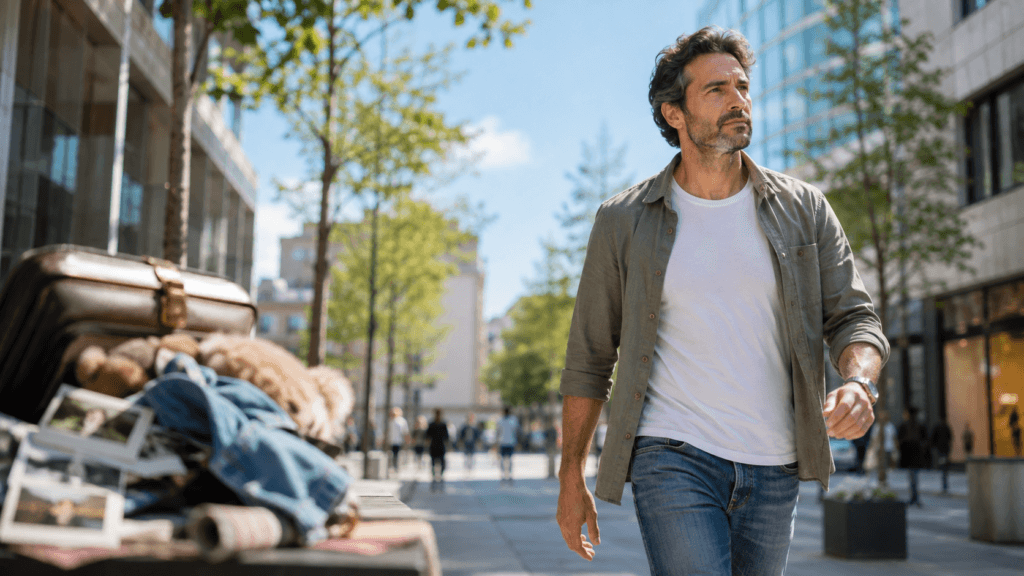 Hombre adulto dejando atrás objetos de su pasado mientras avanza decidido hacia una nueva etapa de su vida.